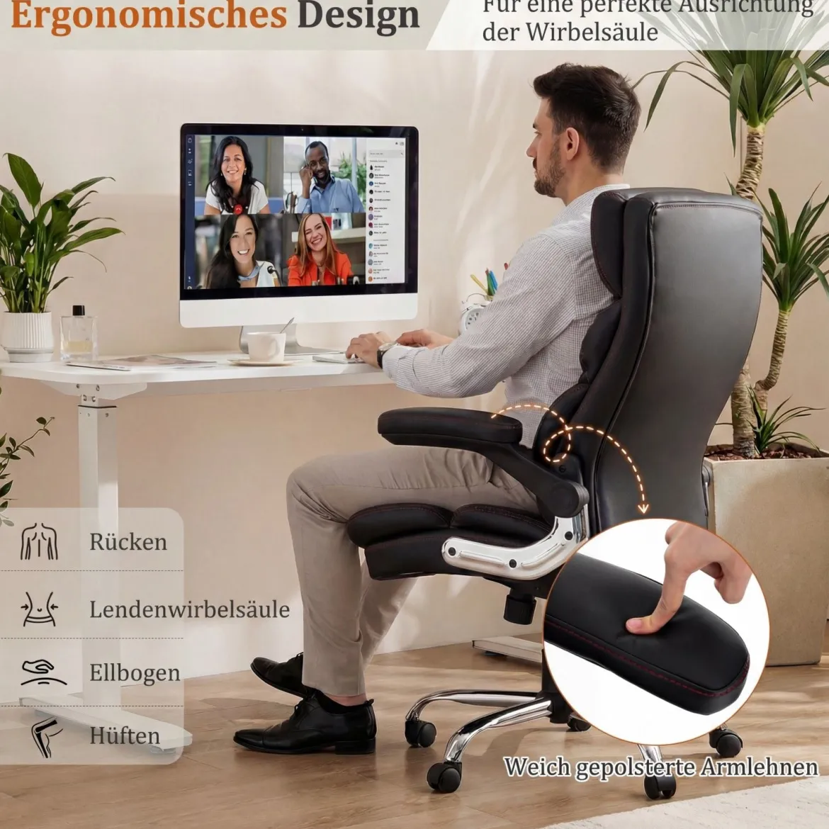 Ergonomischer Bürostuhl mit Ausklappbaren Armlehnen & Wippfunktion Chefsessel Computerstuhl