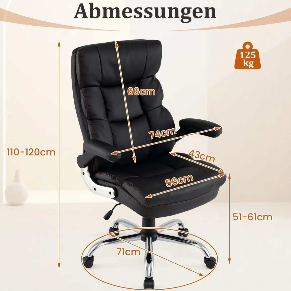 Ergonomischer Bürostuhl mit Ausklappbaren Armlehnen & Wippfunktion Chefsessel Computerstuhl