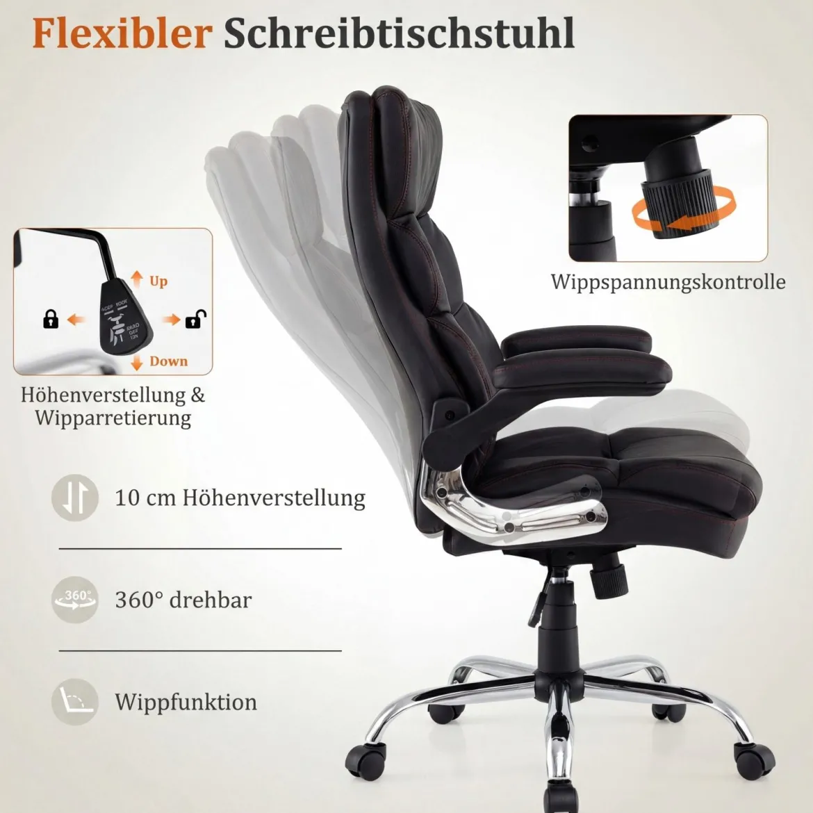 Ergonomischer Bürostuhl mit Ausklappbaren Armlehnen & Wippfunktion Chefsessel Computerstuhl