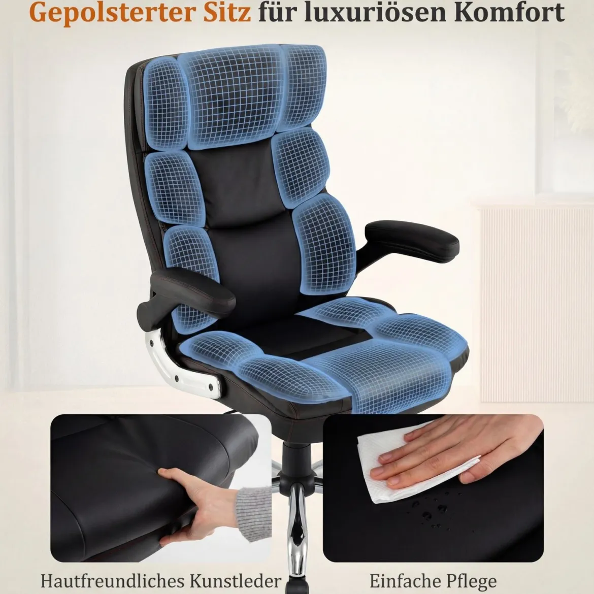 Ergonomischer Bürostuhl mit Ausklappbaren Armlehnen & Wippfunktion Chefsessel Computerstuhl