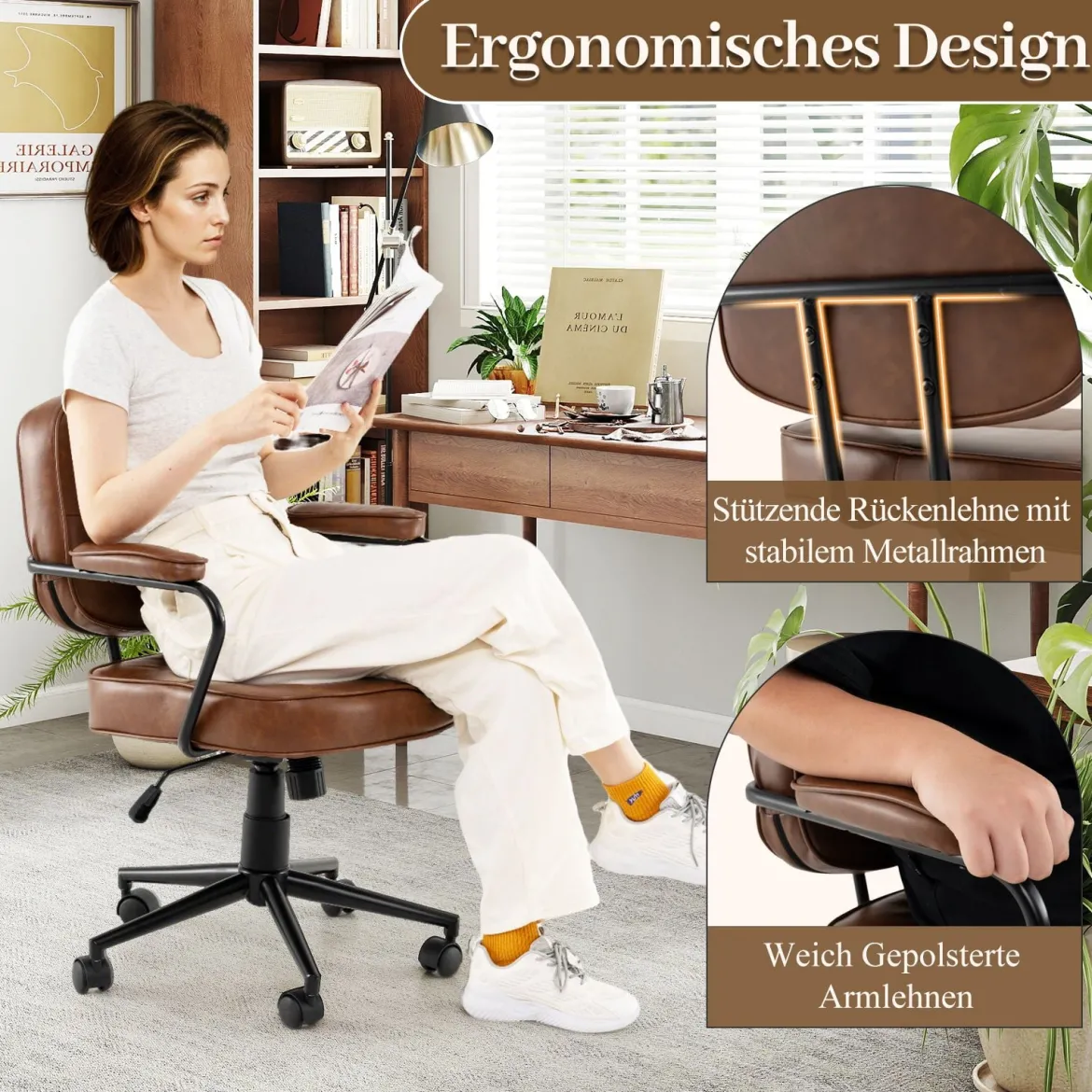 Ergonomischer Bürostuhl mit Armlehnen & Rollen Höhenverstellbarer Drehstuhl Computerstuhl Braun