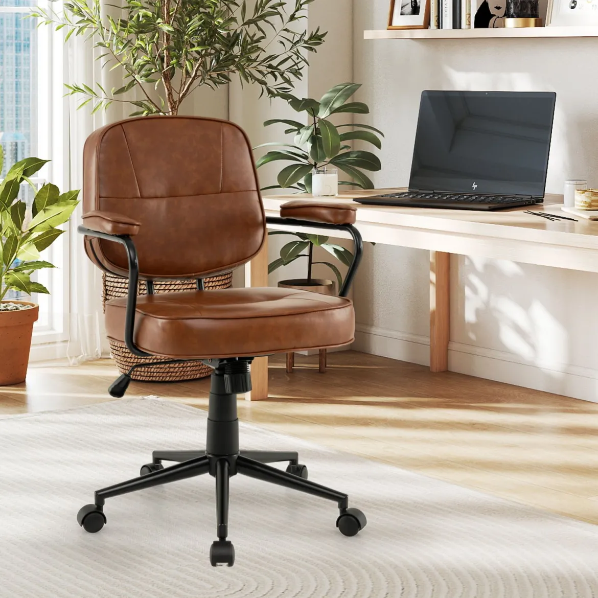 Ergonomischer Bürostuhl mit Armlehnen & Rollen Höhenverstellbarer Drehstuhl Computerstuhl Braun