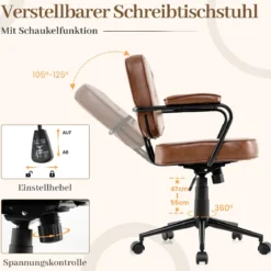 Ergonomischer Bürostuhl mit Armlehnen & Rollen Höhenverstellbarer Drehstuhl Computerstuhl Braun
