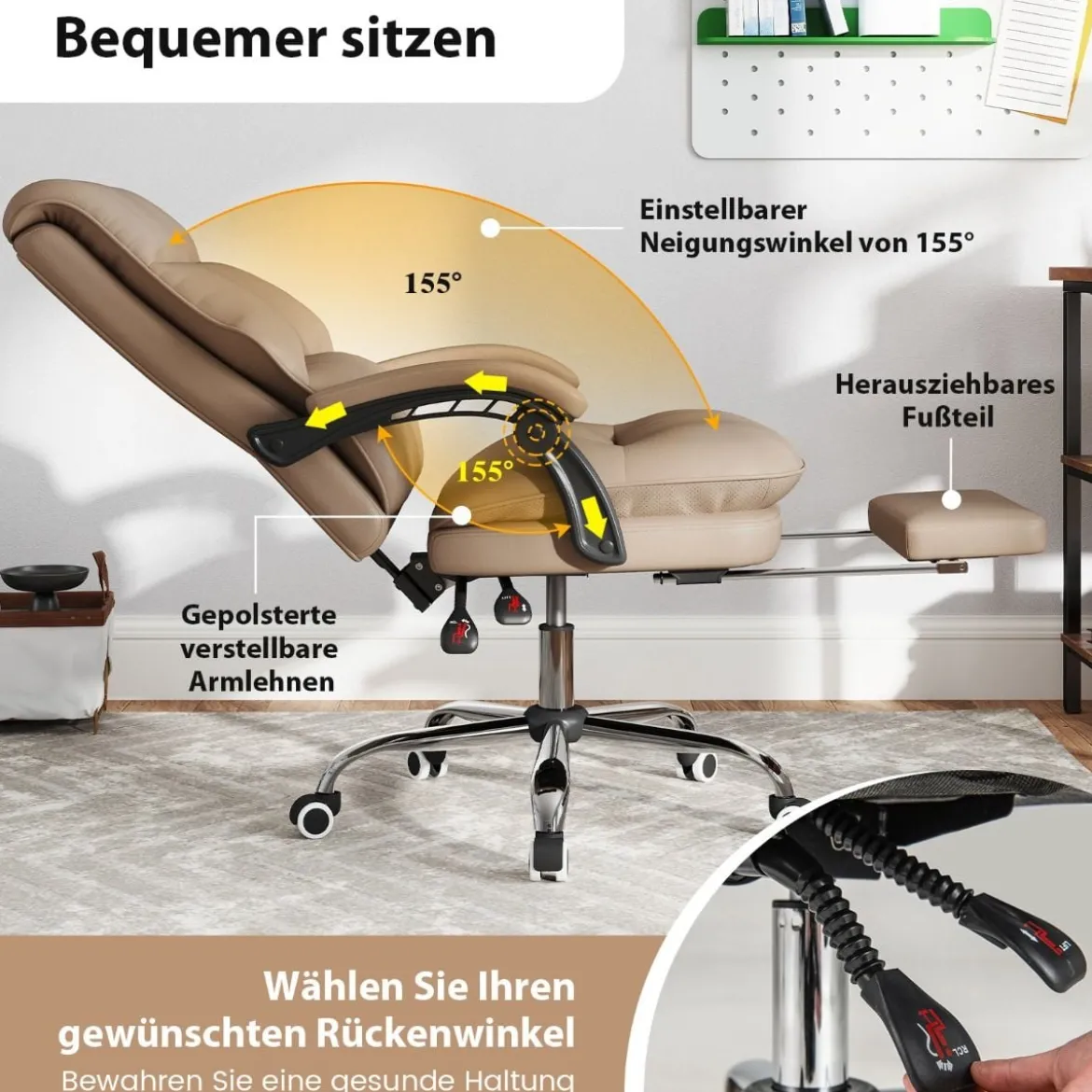 Ergonomischer Bürostuhl mit Einziehbarer Fußstütze Chefsessel Schreibtischstuhl Kaffee