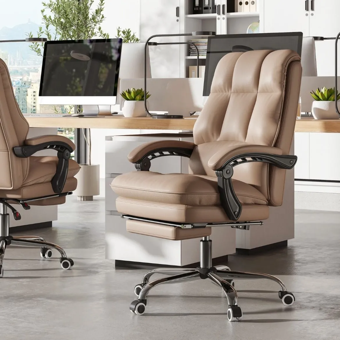 Ergonomischer Bürostuhl mit Einziehbarer Fußstütze Chefsessel Schreibtischstuhl Kaffee