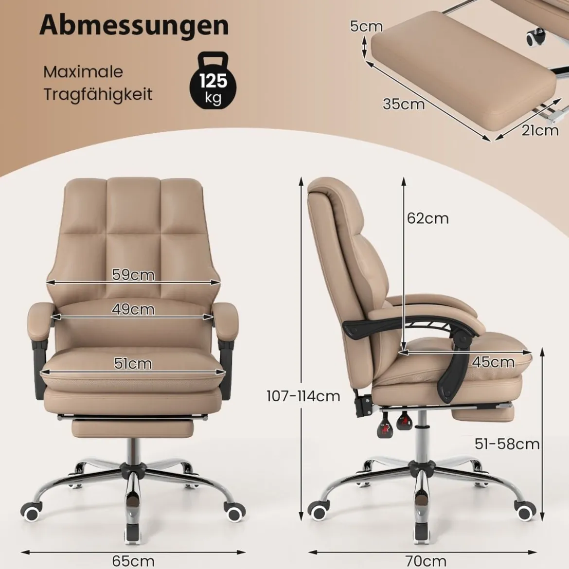Ergonomischer Bürostuhl mit Einziehbarer Fußstütze Chefsessel Schreibtischstuhl Kaffee
