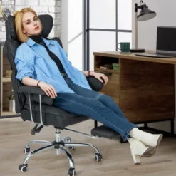 Ergonomischer Bürostuhl mit Einziehbarer Fußstütze & Verstellbarer Hoher Rückenlehne Schwarz