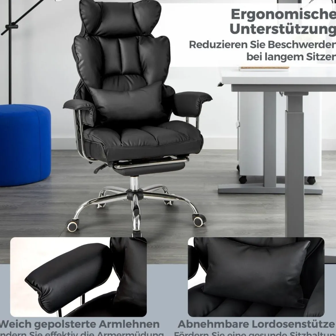 Ergonomischer Bürostuhl mit Einziehbarer Fußstütze & Verstellbarer Hoher Rückenlehne Schwarz