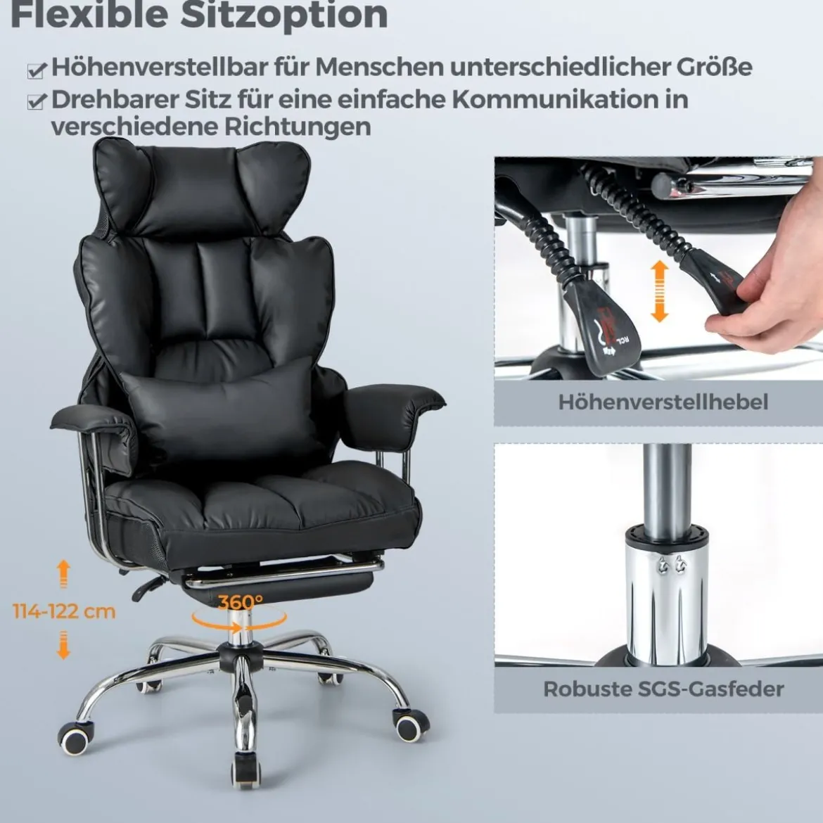 Ergonomischer Bürostuhl mit Einziehbarer Fußstütze & Verstellbarer Hoher Rückenlehne Schwarz