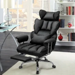 Ergonomischer Bürostuhl mit Einziehbarer Fußstütze & Verstellbarer Hoher Rückenlehne Schwarz