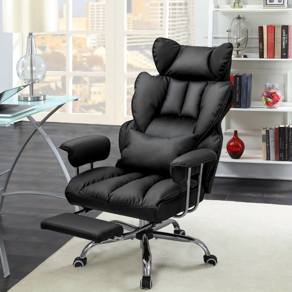 Ergonomischer Bürostuhl mit Einziehbarer Fußstütze & Verstellbarer Hoher Rückenlehne Schwarz
