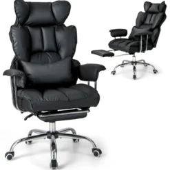 Ergonomischer Bürostuhl mit Einziehbarer Fußstütze & Verstellbarer Hoher Rückenlehne Schwarz