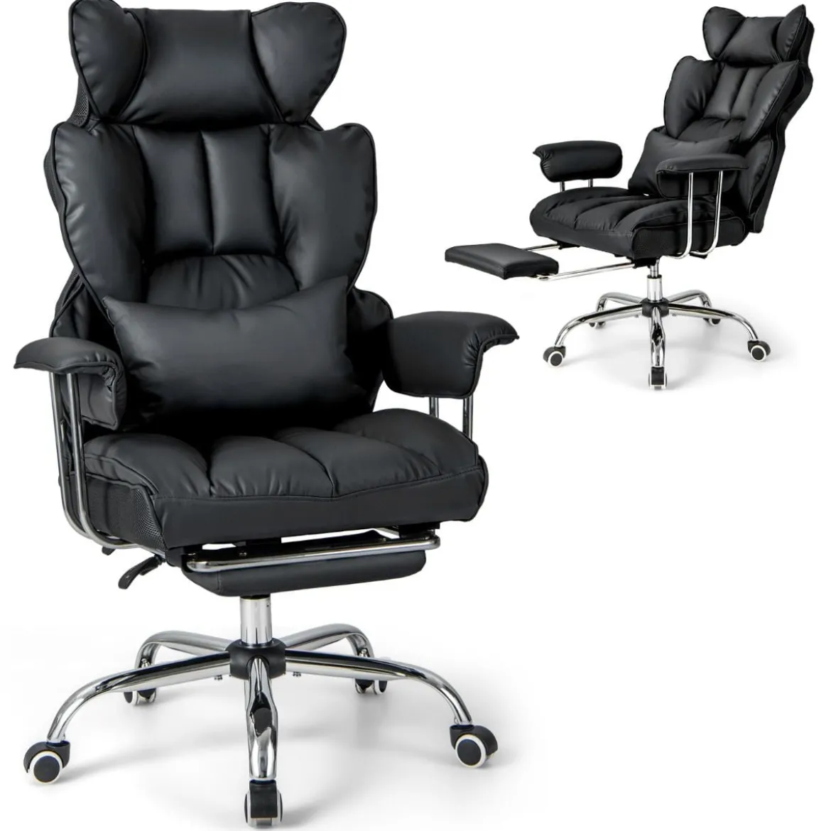 Ergonomischer Bürostuhl mit Einziehbarer Fußstütze & Verstellbarer Hoher Rückenlehne Schwarz