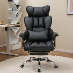Ergonomischer Bürostuhl mit Einziehbarer Fußstütze & Verstellbarer Hoher Rückenlehne Schwarz