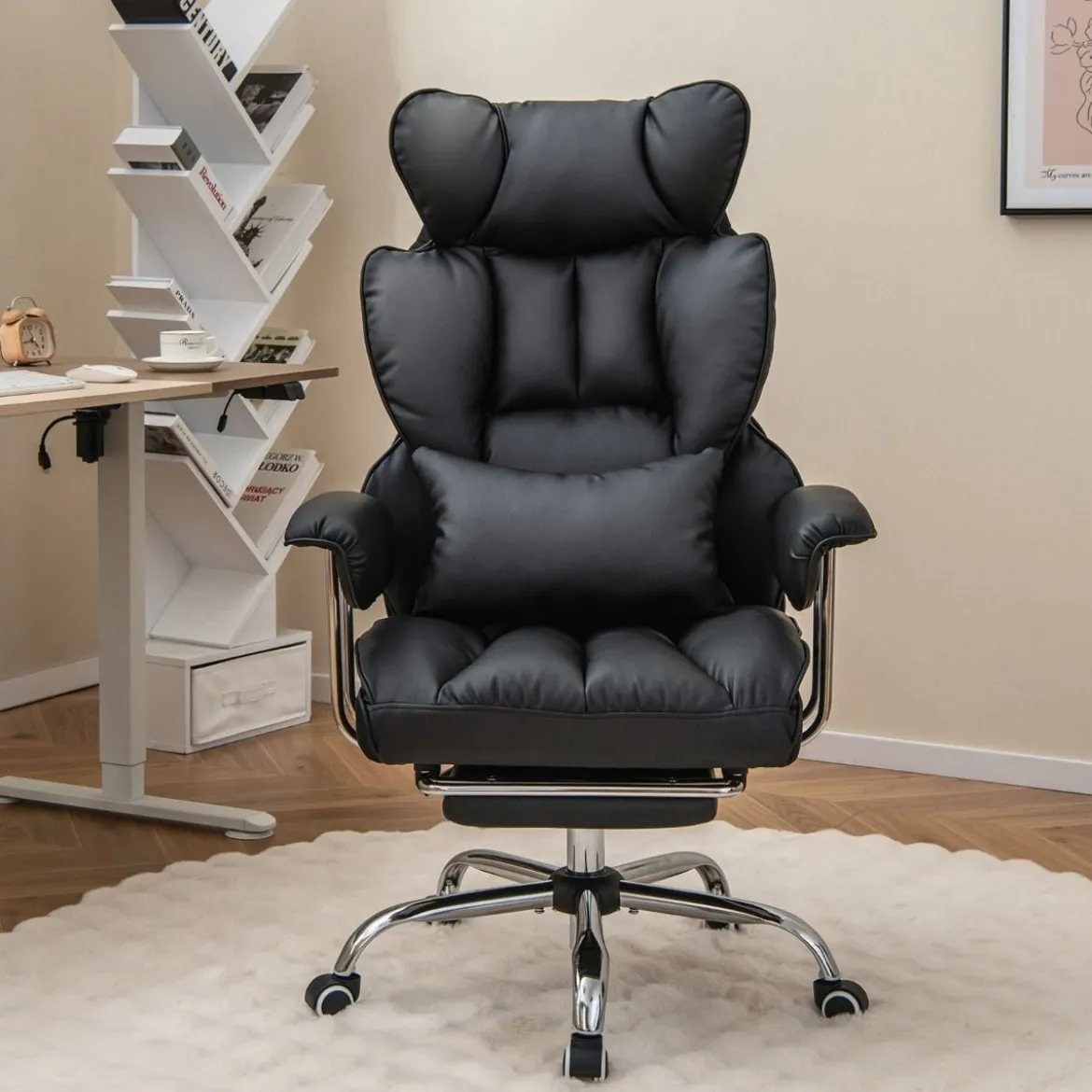 Ergonomischer Bürostuhl mit Einziehbarer Fußstütze & Verstellbarer Hoher Rückenlehne Schwarz