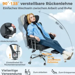 Ergonomischer Bürostuhl mit Einziehbarer Fußstütze & Verstellbarer Hoher Rückenlehne Schwarz