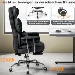 Ergonomischer Bürostuhl mit Einziehbarer Fußstütze & Verstellbarer Hoher Rückenlehne Schwarz