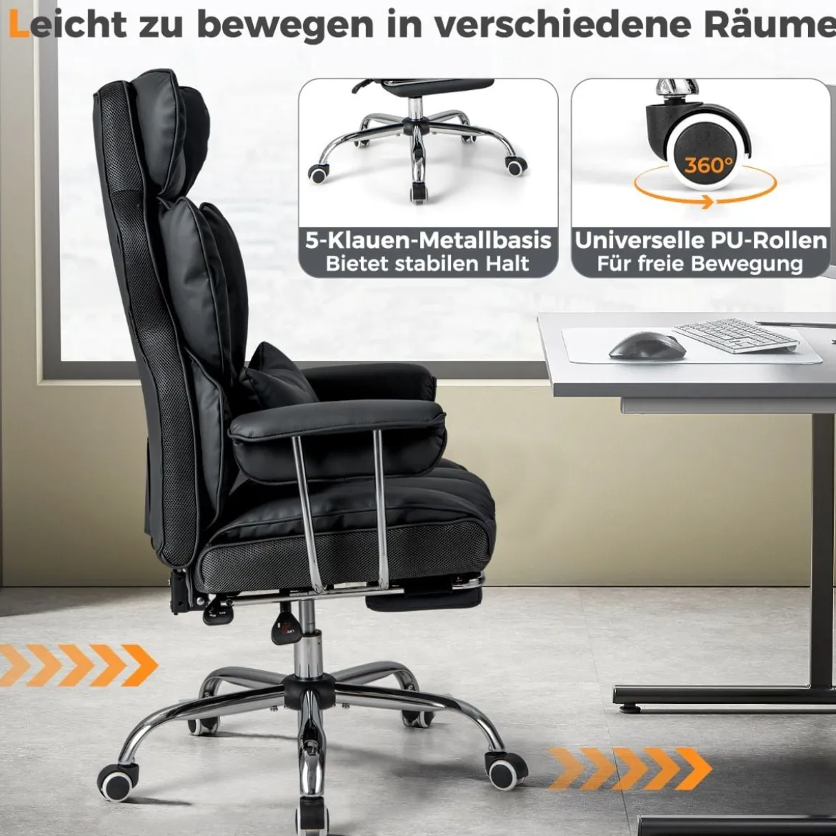 Ergonomischer Bürostuhl mit Einziehbarer Fußstütze & Verstellbarer Hoher Rückenlehne Schwarz