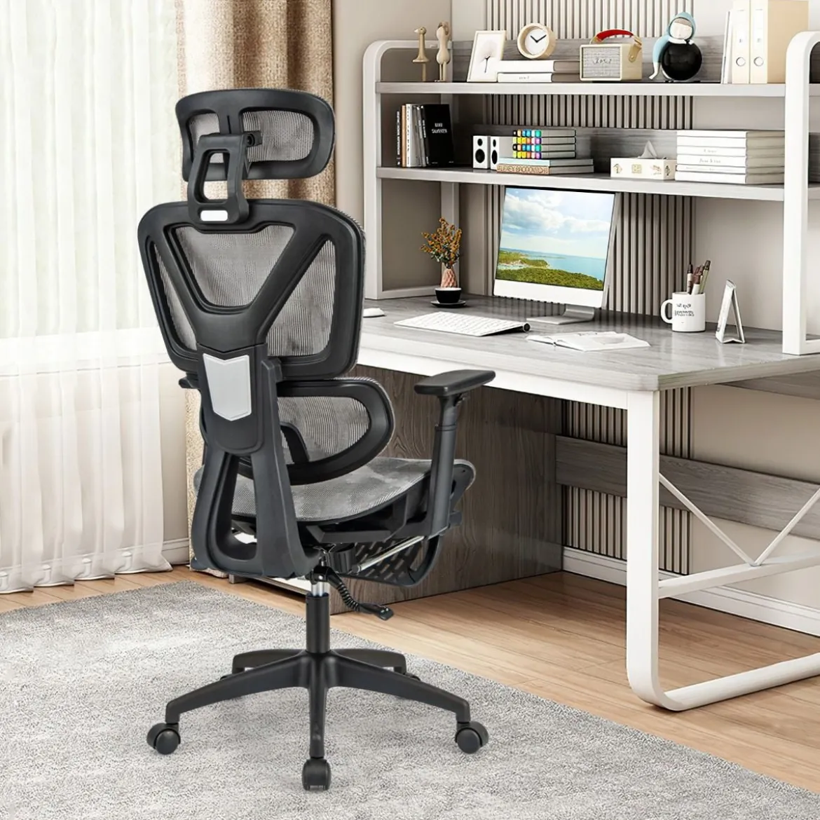 Ergonomischer Bürostuhl mit Einziehbarer Fußstütze & Verstellbarer Kopfstütze Computerstuhl