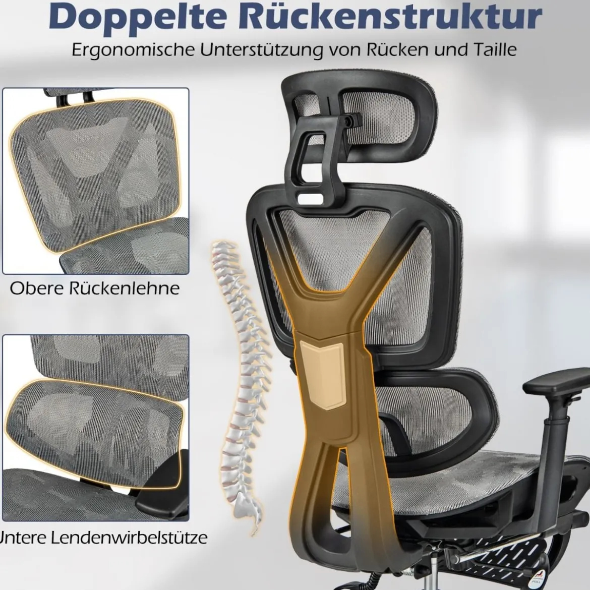 Ergonomischer Bürostuhl mit Einziehbarer Fußstütze & Verstellbarer Kopfstütze Computerstuhl