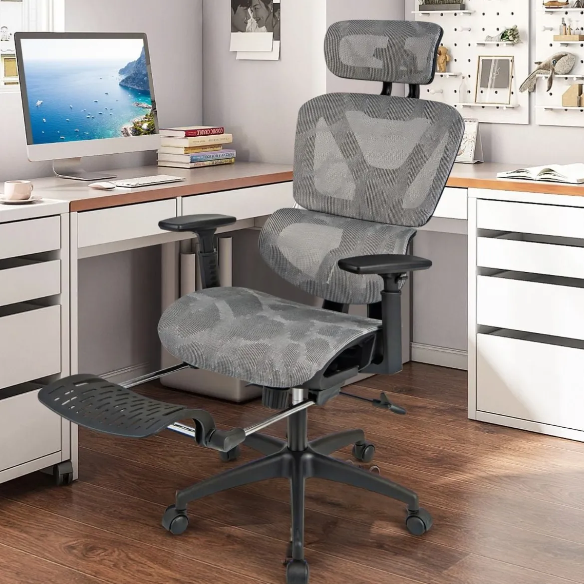 Ergonomischer Bürostuhl mit Einziehbarer Fußstütze & Verstellbarer Kopfstütze Computerstuhl