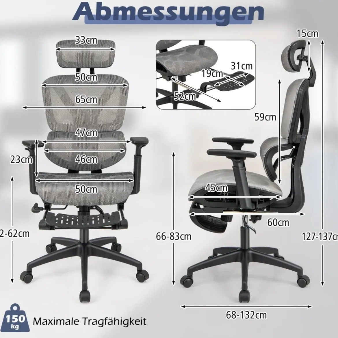 Ergonomischer Bürostuhl mit Einziehbarer Fußstütze & Verstellbarer Kopfstütze Computerstuhl