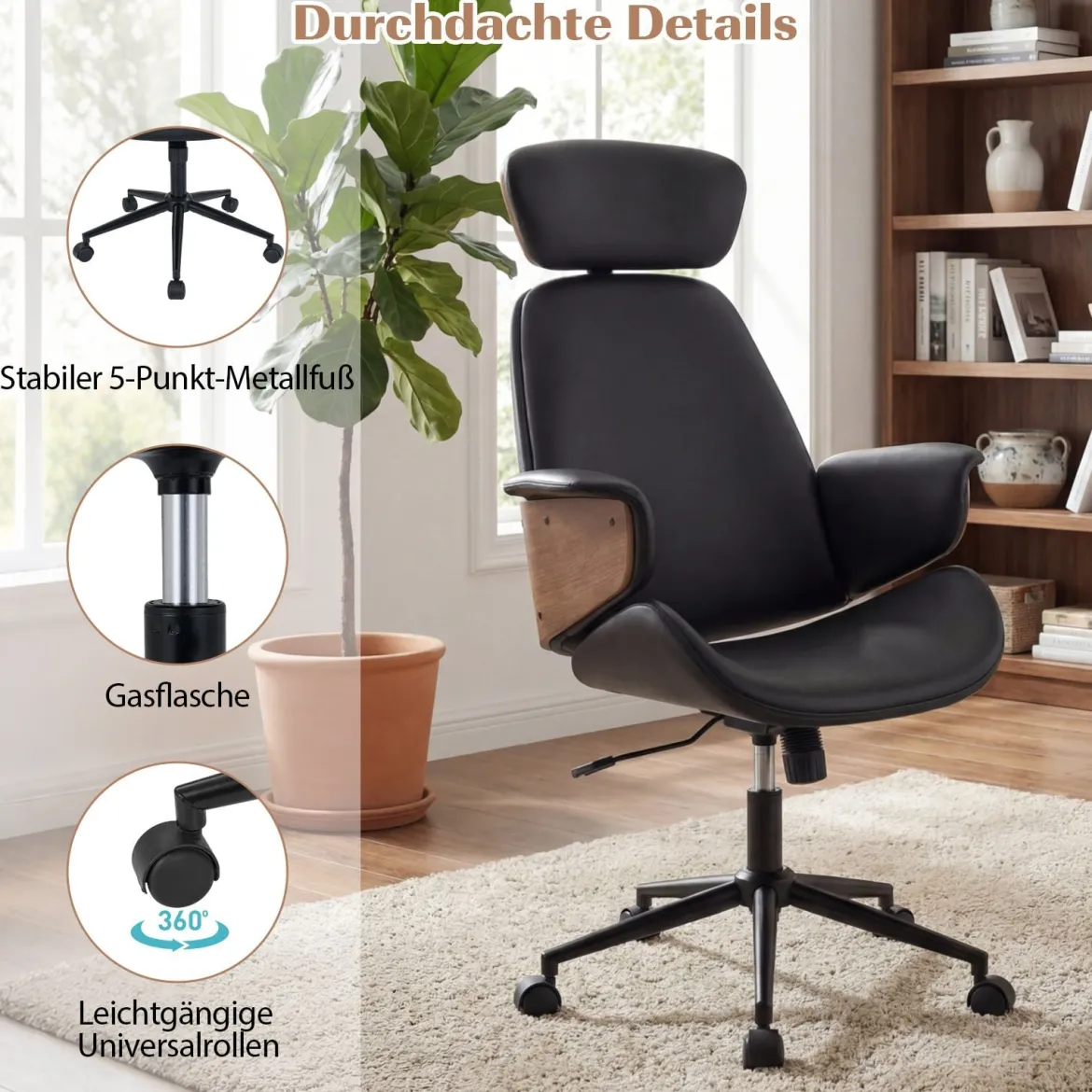 Ergonomischer Bürostuhl mit Gebogenen Armlehnen & Rückenlehne & Kopfstütze Schreibtischstuhl Drehstuhl
