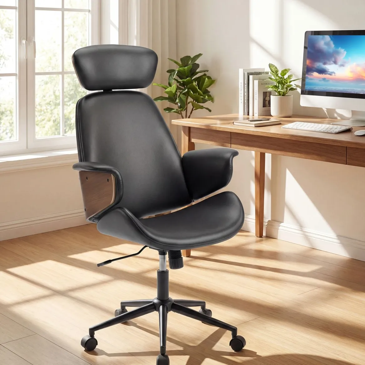 Ergonomischer Bürostuhl mit Gebogenen Armlehnen & Rückenlehne & Kopfstütze Schreibtischstuhl Drehstuhl