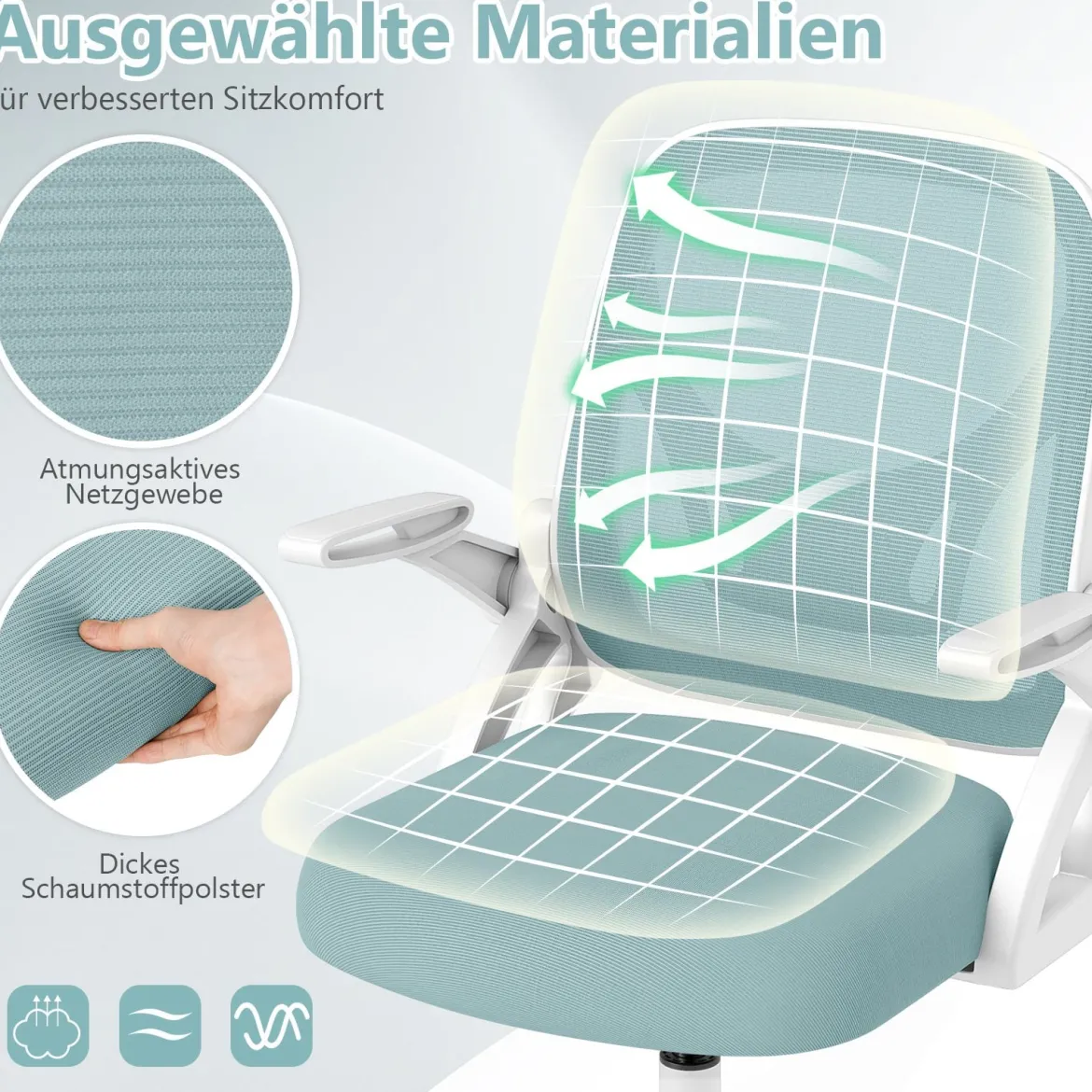 Ergonomischer Bürostuhl mit Hochklappbaren Armlehnen & Wippfunktion Schreibtischstuhl Blau