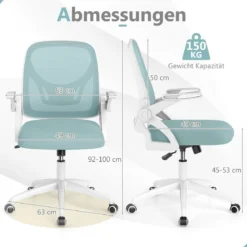 Ergonomischer Bürostuhl mit Hochklappbaren Armlehnen & Wippfunktion Schreibtischstuhl Blau