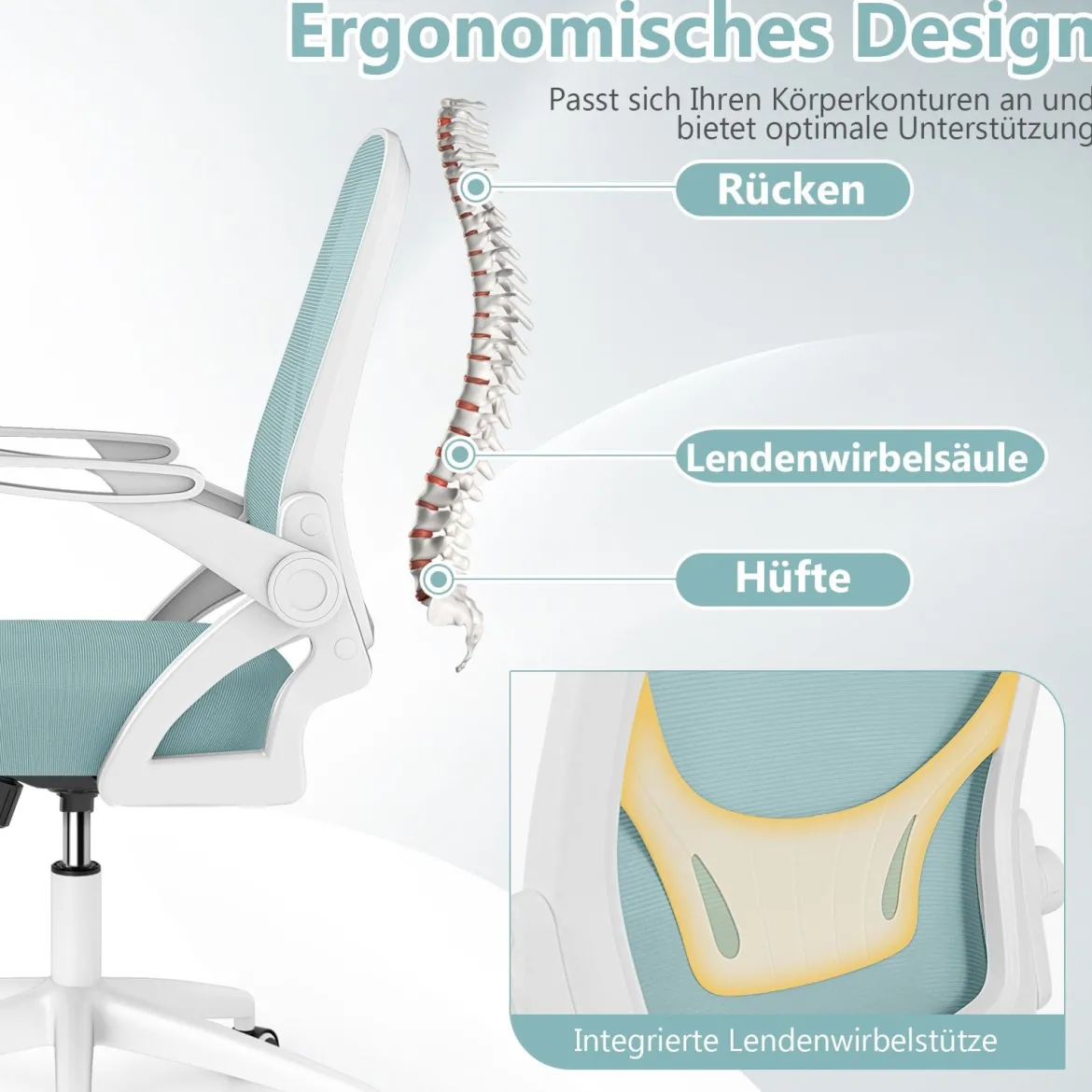 Ergonomischer Bürostuhl mit Hochklappbaren Armlehnen & Wippfunktion Schreibtischstuhl Blau