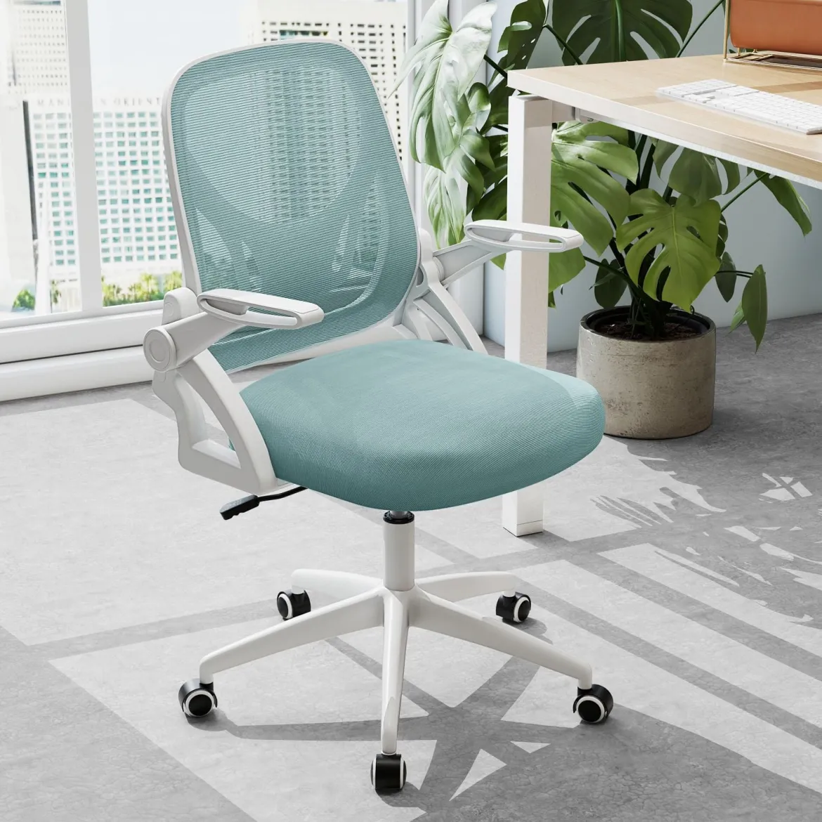 Ergonomischer Bürostuhl mit Hochklappbaren Armlehnen & Wippfunktion Schreibtischstuhl Blau