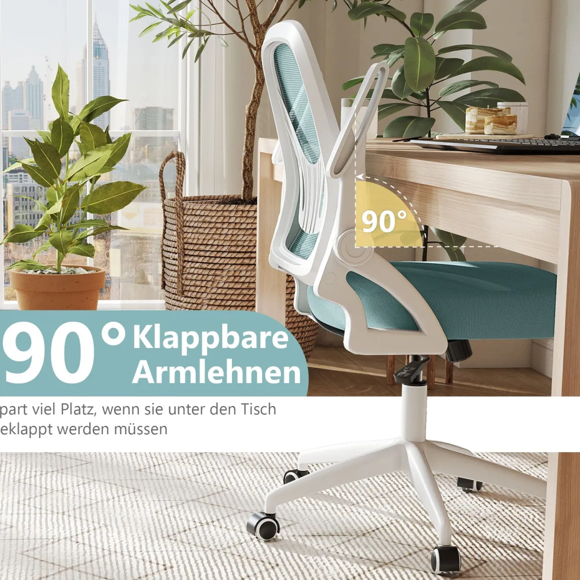 Ergonomischer Bürostuhl mit Hochklappbaren Armlehnen & Wippfunktion Schreibtischstuhl Blau