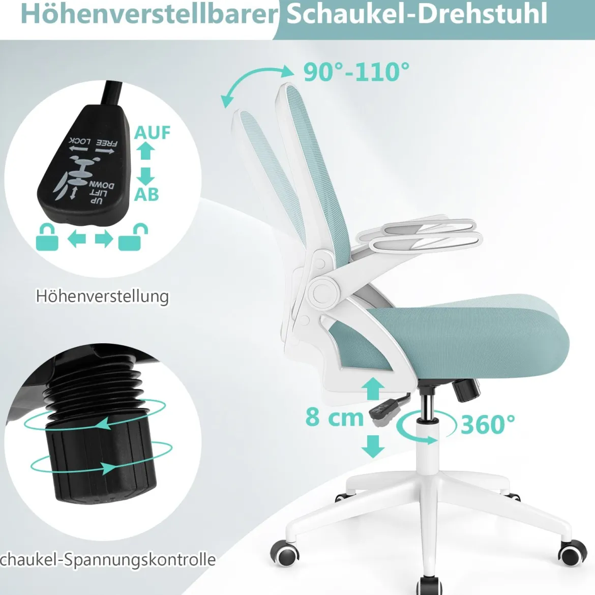 Ergonomischer Bürostuhl mit Hochklappbaren Armlehnen & Wippfunktion Schreibtischstuhl Blau