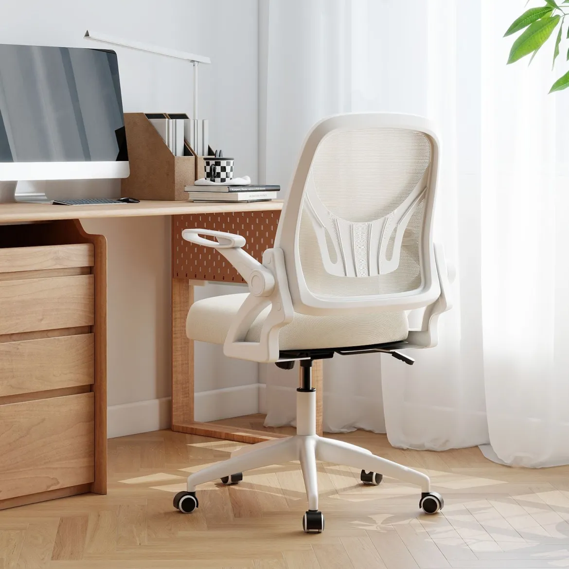 Ergonomischer Bürostuhl mit Hochklappbaren Armlehnen & Wippfunktion Computerstuhl Beige