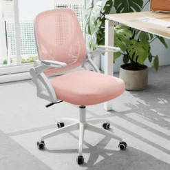 Ergonomischer Bürostuhl mit Hochklappbaren Armlehnen & Wippfunktion Schreibtischstuhl Rosa