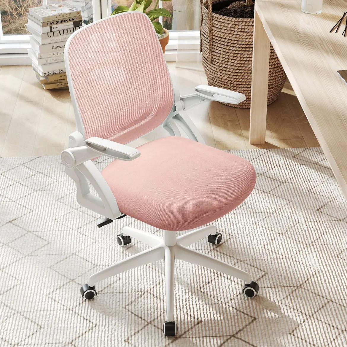 Ergonomischer Bürostuhl mit Hochklappbaren Armlehnen & Wippfunktion Schreibtischstuhl Rosa