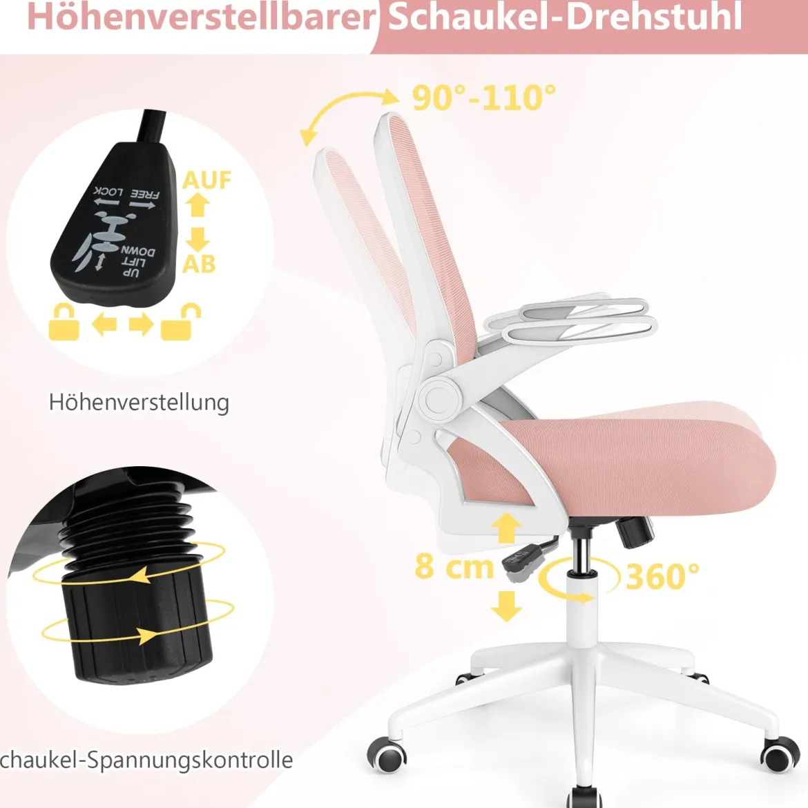 Ergonomischer Bürostuhl mit Hochklappbaren Armlehnen & Wippfunktion Schreibtischstuhl Rosa
