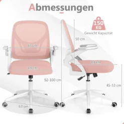 Ergonomischer Bürostuhl mit Hochklappbaren Armlehnen & Wippfunktion Schreibtischstuhl Rosa