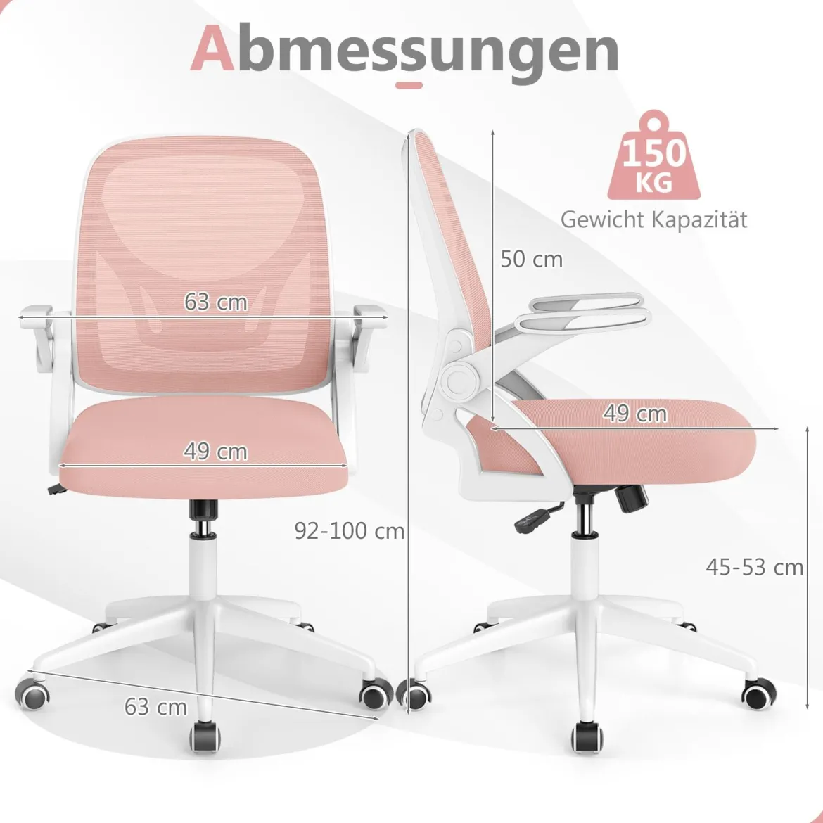 Ergonomischer Bürostuhl mit Hochklappbaren Armlehnen & Wippfunktion Schreibtischstuhl Rosa