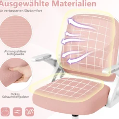 Ergonomischer Bürostuhl mit Hochklappbaren Armlehnen & Wippfunktion Schreibtischstuhl Rosa