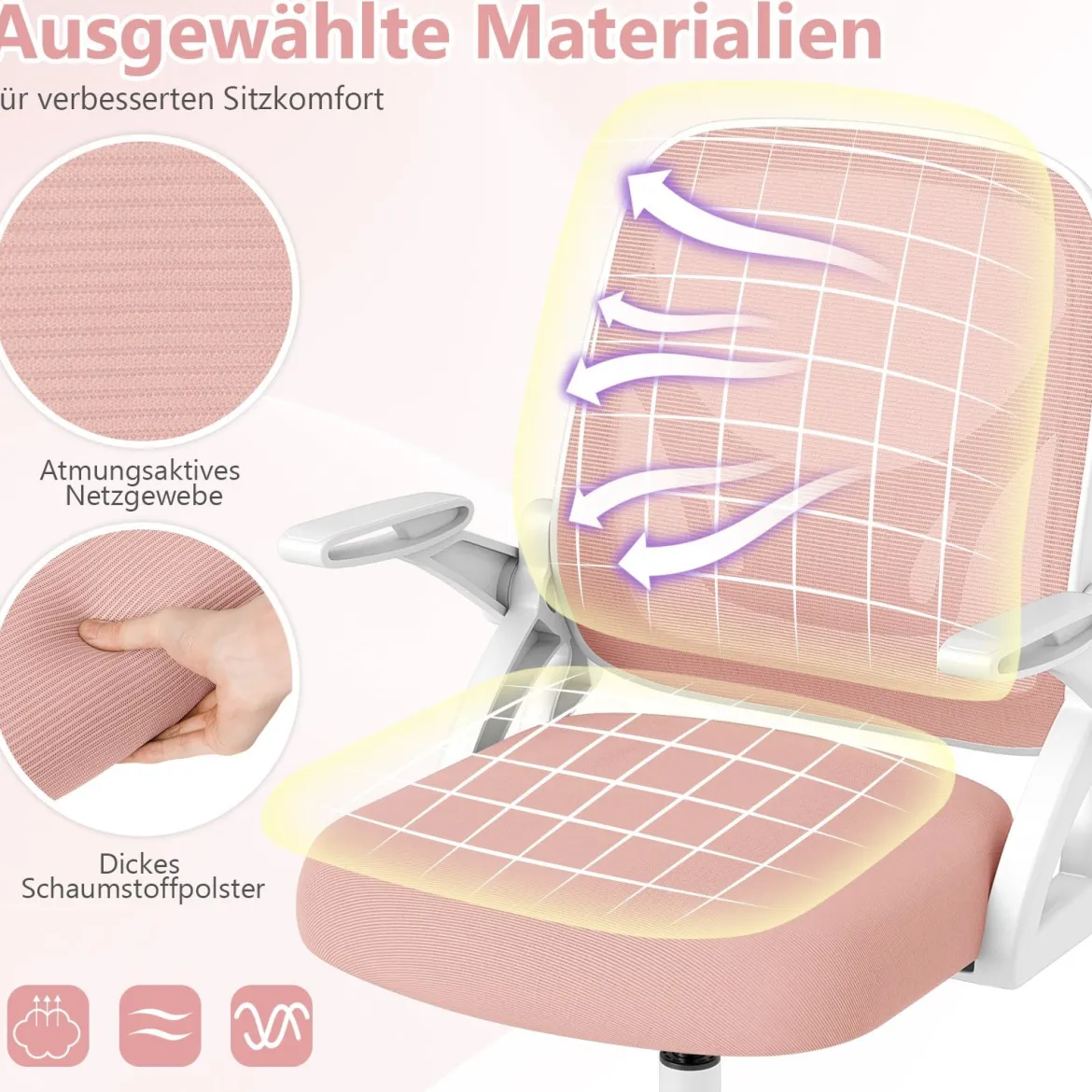 Ergonomischer Bürostuhl mit Hochklappbaren Armlehnen & Wippfunktion Schreibtischstuhl Rosa