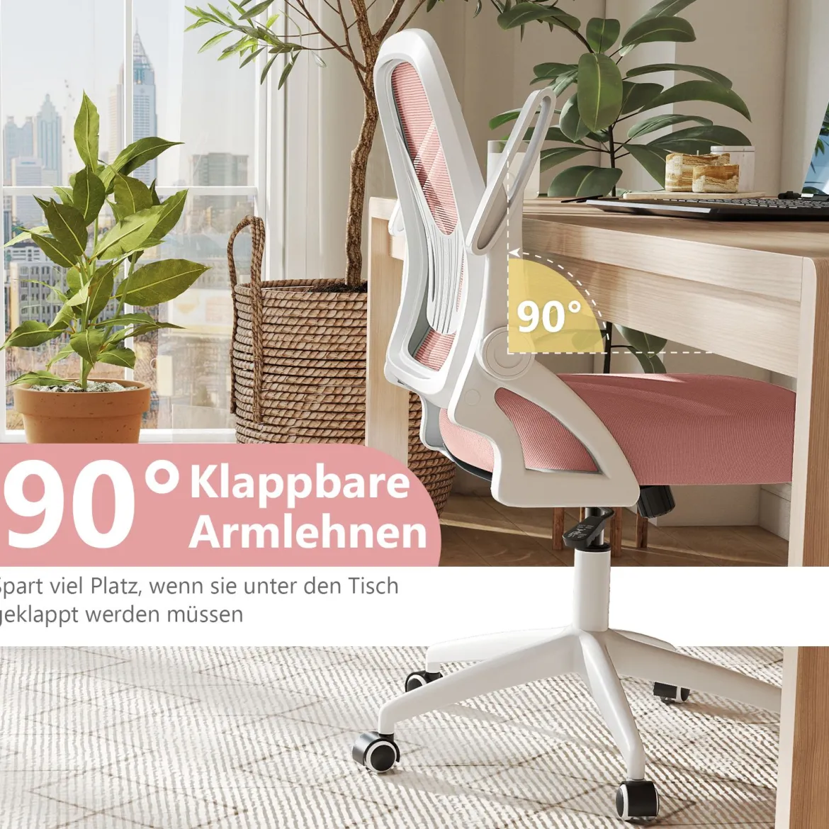 Ergonomischer Bürostuhl mit Hochklappbaren Armlehnen & Wippfunktion Schreibtischstuhl Rosa