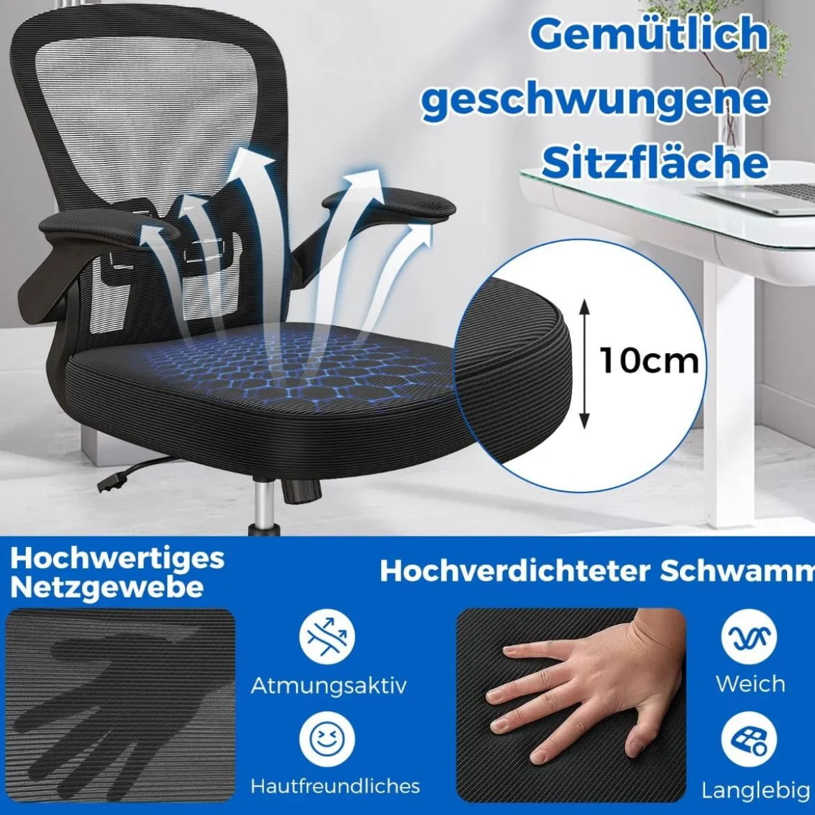Ergonomischer Bürostuhl mit Hochklappbaren Armlehnen & Verstellbarer Lendenstütze & Wippfunktion