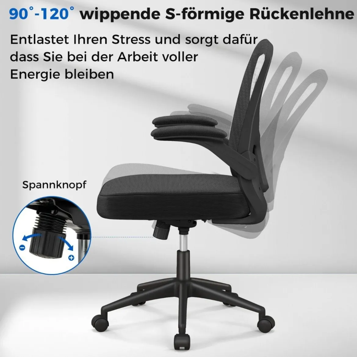 Ergonomischer Bürostuhl mit Hochklappbaren Armlehnen & Verstellbarer Lendenstütze & Wippfunktion