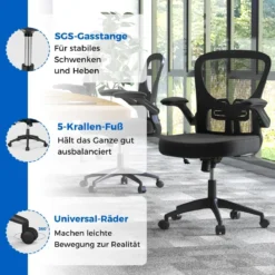 Ergonomischer Bürostuhl mit Hochklappbaren Armlehnen & Verstellbarer Lendenstütze & Wippfunktion
