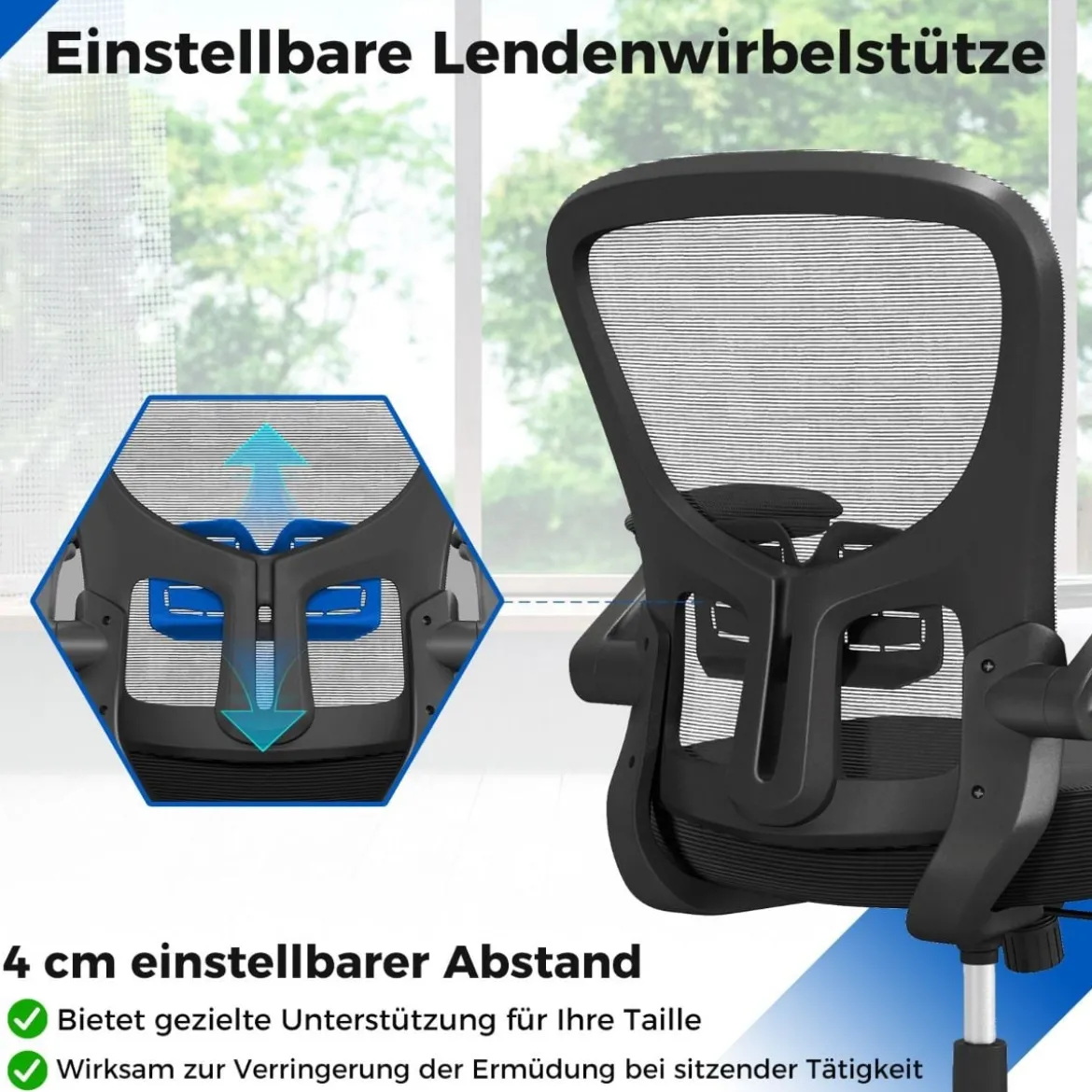 Ergonomischer Bürostuhl mit Hochklappbaren Armlehnen & Verstellbarer Lendenstütze & Wippfunktion