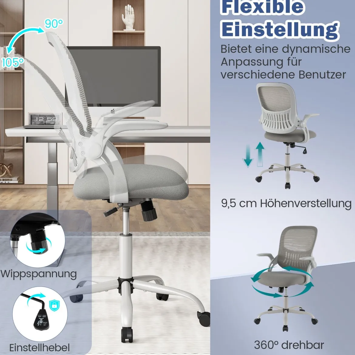 Ergonomischer Bürostuhl mit Hochklappbaren Armlehnen & Wippfunktion Computerstuhl Grau
