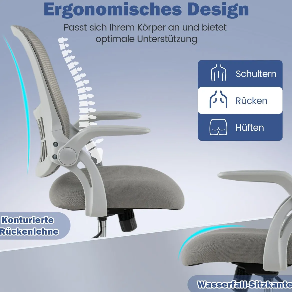 Ergonomischer Bürostuhl mit Hochklappbaren Armlehnen & Wippfunktion Computerstuhl Grau