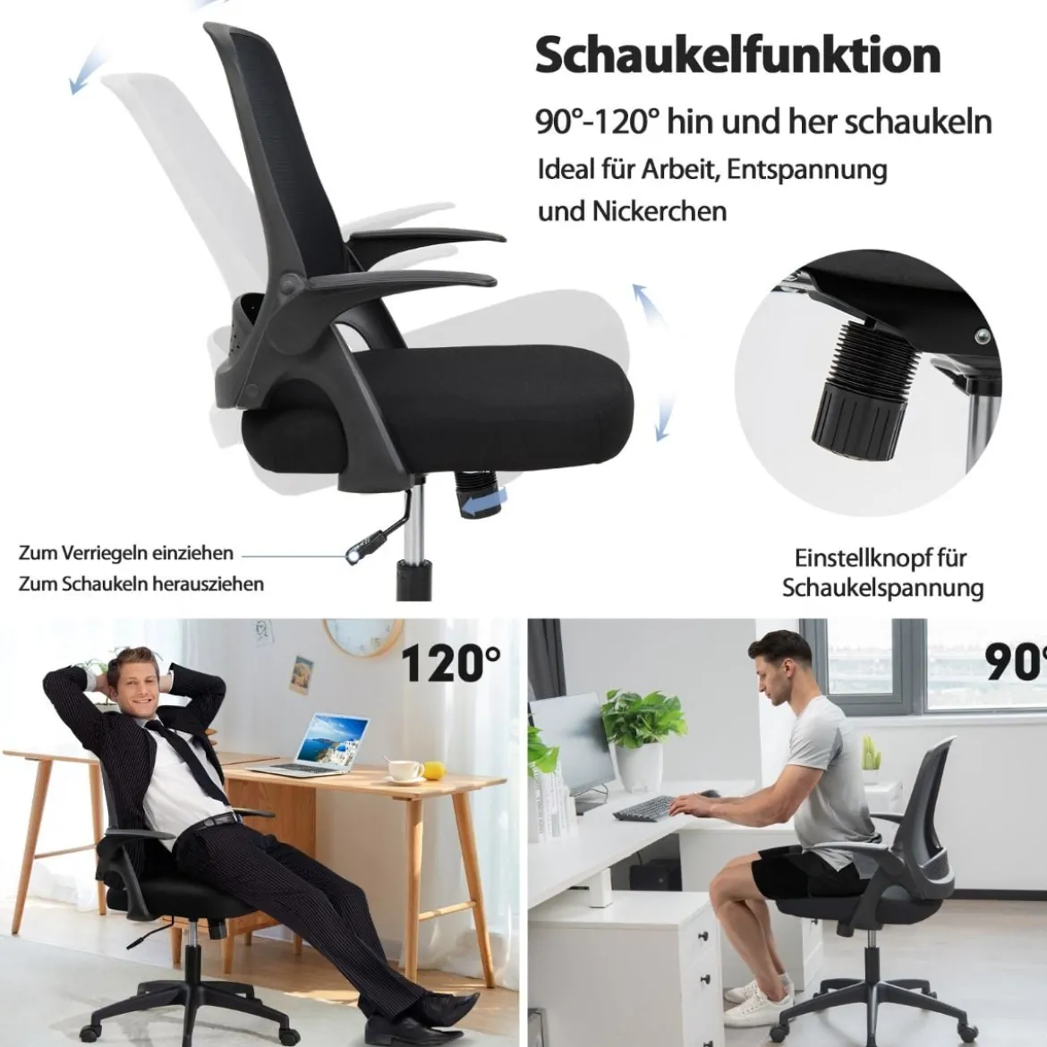 Ergonomischer Bürostuhl mit Klappbaren Armlehnen & Mittlerer Rückenlehne Schwarz